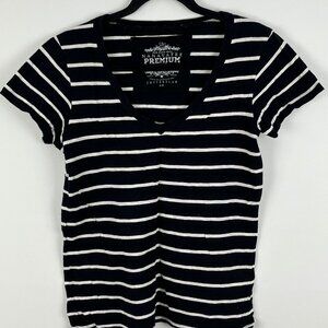 Nanavatee Top T Shirt Size S Black White Striped Short Sleeve V Neck Stretch